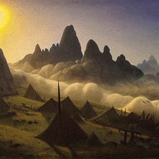 Image similar to pointy mountains with a village above the clouds, wooden platforms, tents, colors, misty clouds, sun at dawn, brutalism, painting by caspar david friedrich