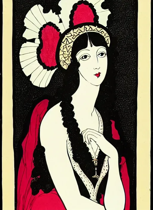 Image similar to portrait of young woman in renaissance dress and renaissance headdress, art by aubrey beardsley