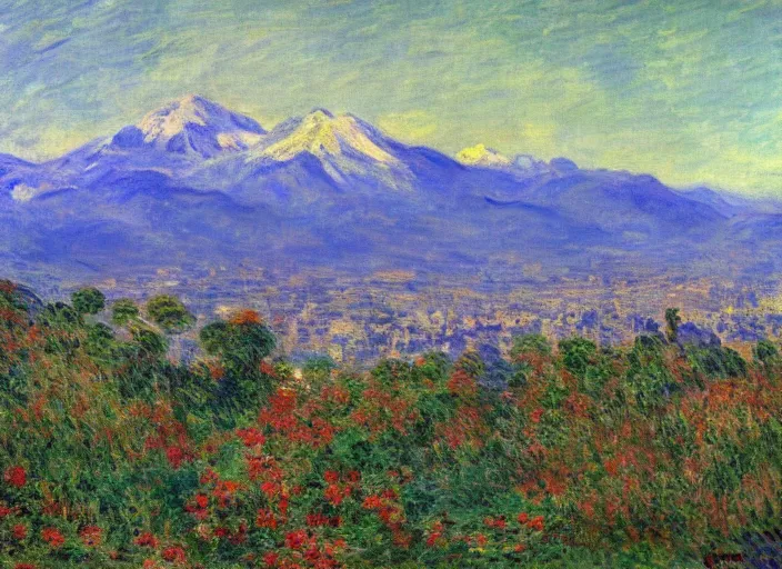 Prompt: a landscape of the city of santiago de chile with the andes mountain range background impressionist painting by monet