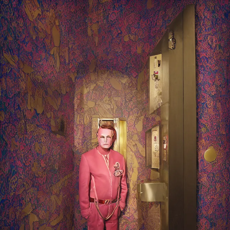 Image similar to vpgue octane render portrait by wayne barlow and carlo crivelli and glenn fabry, a sinister man in a bright colorful patterned pastel wes anderson elevator operator costume inside a dark and moody vintage elevator in a high - end exotic vintage boutique hotel, very short depth of field, bokeh