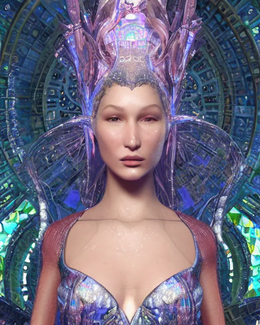 Image similar to a highly detailed metahuman 8 k close up render of bella hadid as alice in wonderland renaissance in iris van herpen dress schiaparelli in diamonds crystals swarovski and jewelry iridescent in style of alphonse mucha gustav klimt trending on artstation made in unreal engine 4