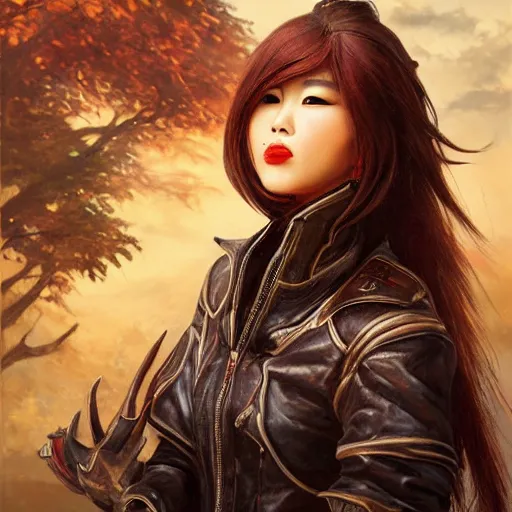 Image similar to perfect, realistic oil painting of close-up japanese young woman wearing leather jacket, in Diablo 3