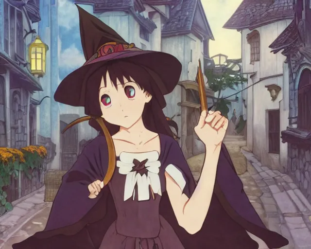 Image similar to ( majo no tabitabi ), key anime visual portrait of a young female witch walking through a busy medieval village, dynamic pose, dynamic perspective, cinematic, dramatic lighting, detailed silhouette, anime proportions, alphonse mucha, perfect anime, yoh yoshinari, ( yuki urushibara )