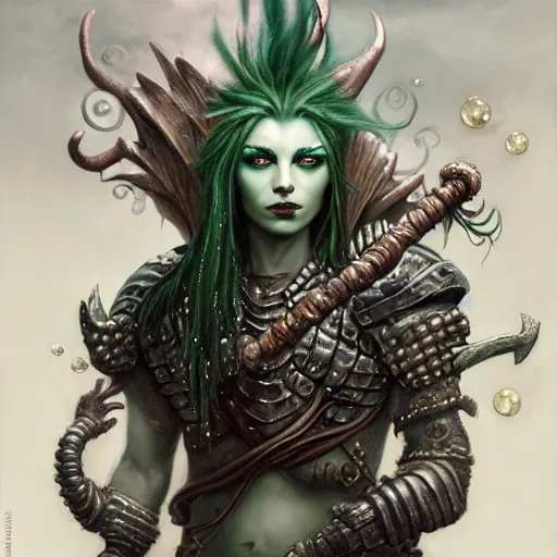 Image similar to a beautiful detailed 3d matte portrait of a triton with green hair, wearing studded leather armor, wielding a staff with a glowing red crystal, male, dungeons and dragons character, standing beside the ocean, by ellen jewett, by tomasz alen kopera, by Justin Gerard, ominous, magical realism, texture, intricate, skull, skeleton, whirling smoke, alchemist bottles, radiant colors, fantasy, volumetric lighting, high details