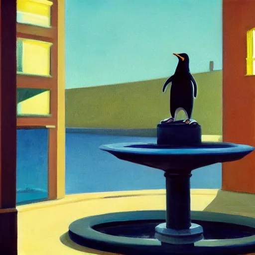 Image similar to a fine art painting of the penguin from planet coaster in a water fountain in the style of edward hopper and wes anderson.