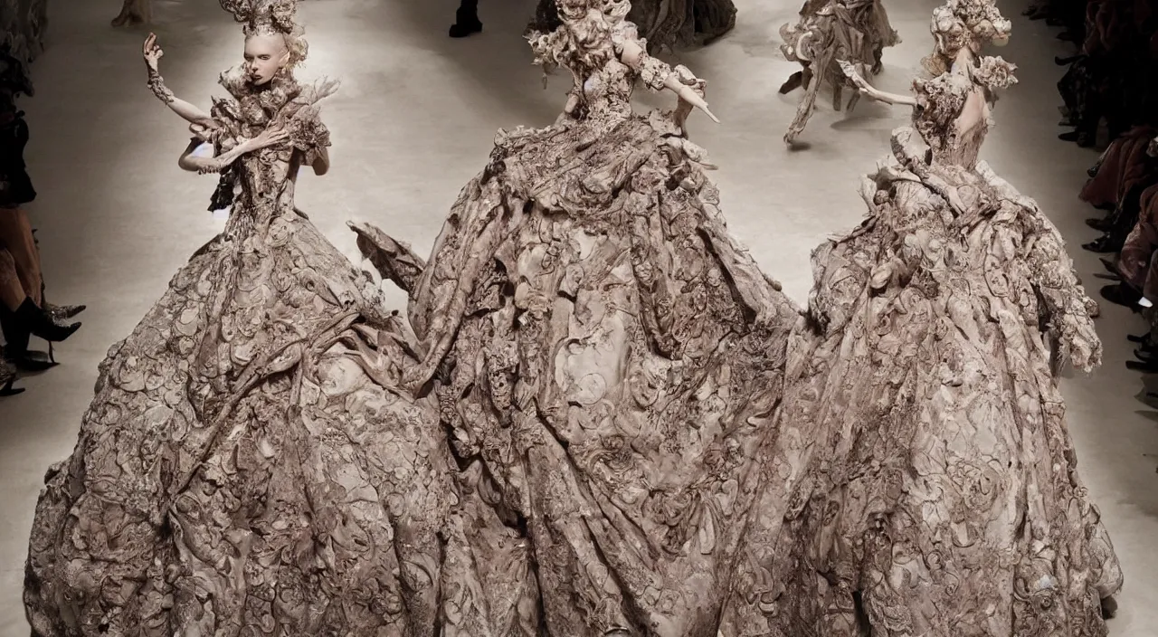 Image similar to fashion design inpired by fairy tale, for dragon queen, designed by alexander mcqueen, rococo