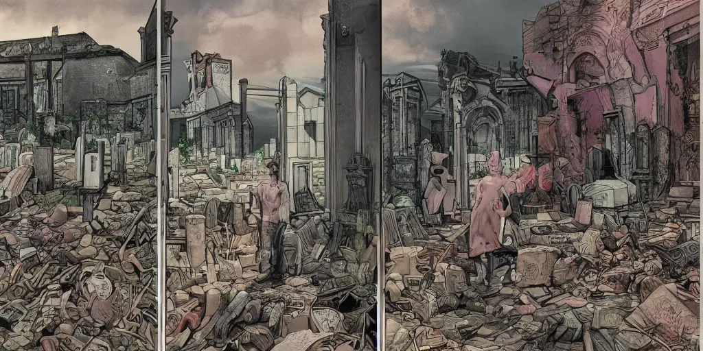 Prompt: full page comic book drawings of disturbing cemetery urbex scenes, urban hell on a hot summer night, bold color palette, high contrast, by carel willink and gregory crewdson, moebious, jean giraud, comic book panels, octane render, bewerk anime