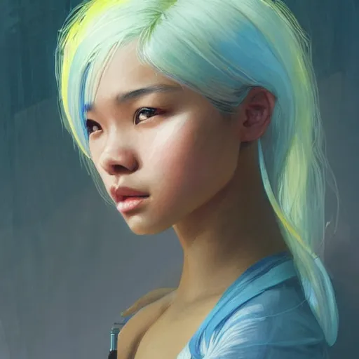 Image similar to filipino girl with blue - yellow hair and a nose band aid, highly detailed, digital painting, artstation, concept art, smooth, sharp focus, illustration, art by artgerm and greg rutkowski and alphonse mucha