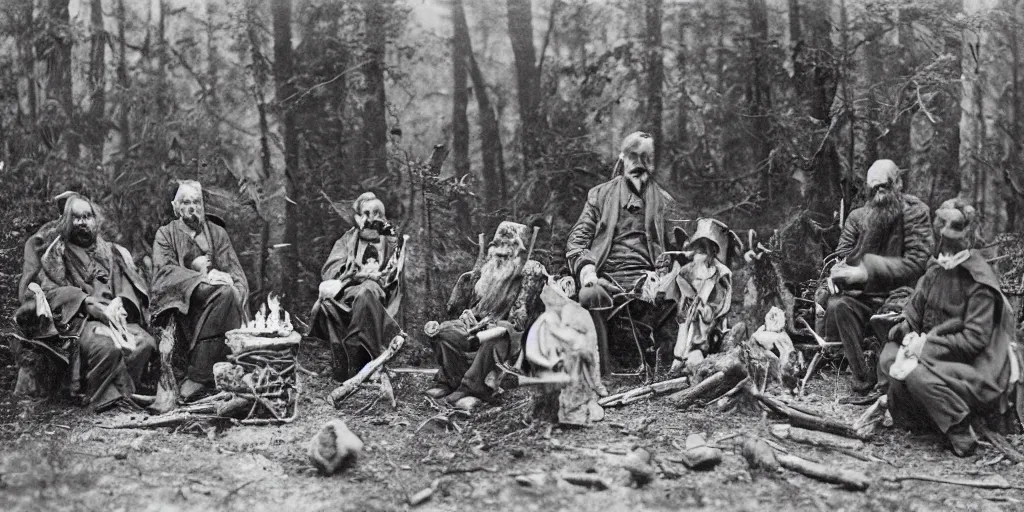 Image similar to old forest hermits holding voodoo dolls around a wildly lit campfire in an ominous forest, 1 9 0 0 s photography