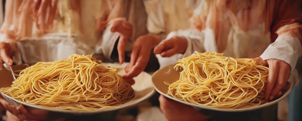 Prompt: adding fresh spaghetti to a large serving platter, kodachrome, canon 5 0 mm, photograph, in the style of wes anderson, retro