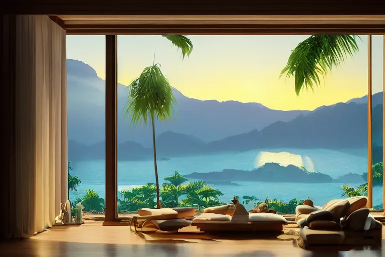 Prompt: big window, mountains in background, cloud forest in background, tropical beach in background, sunset, warm golden hour lighting, holiday vibes, living room, furniture, IKEA catalogue, futuristic, ultra realistic, ultra detailed, cinematic light, anamorphic, wooden floored balcony, by Paul Lehr