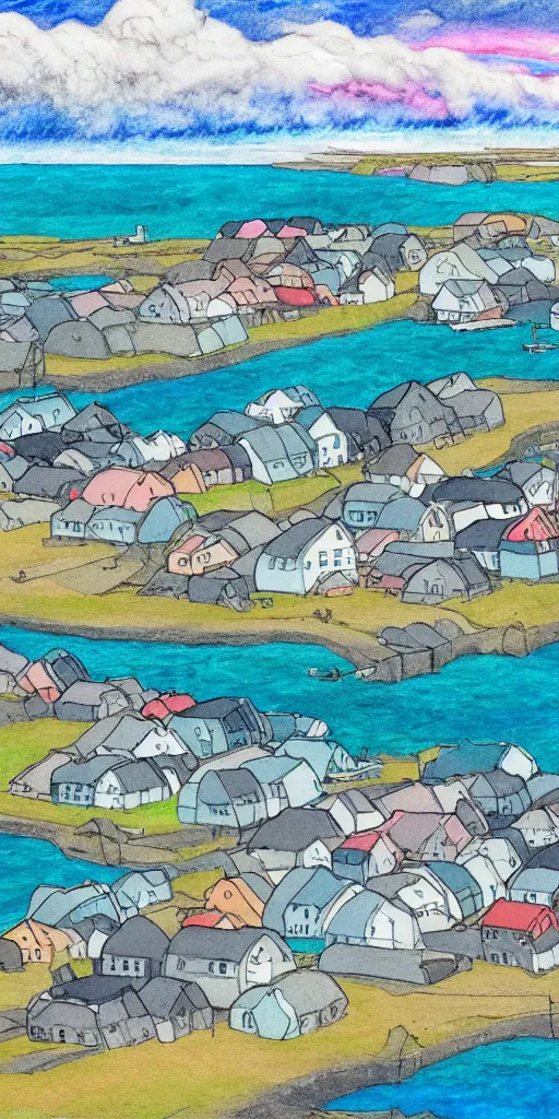 Image similar to a beautiful painting of a icelandic fishing village, storm clouds gathering over the town, by studio ghibli 8 k pastel colours, isometric drone shot smeared watercolours, golden light film grain