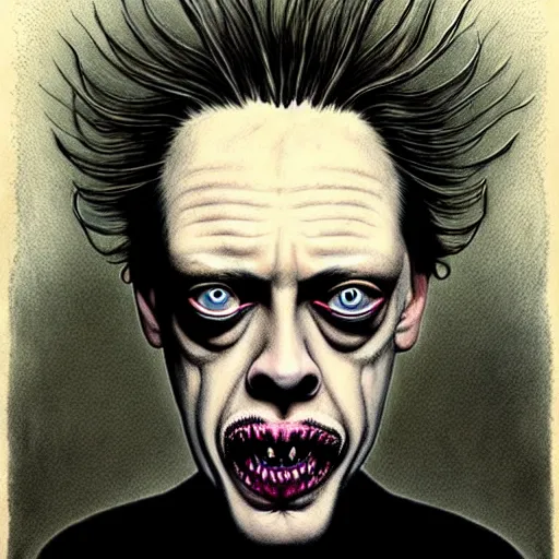 Image similar to disturbing grunge still of a lovecraftian demon infested steve buscemi, crayon horror art in dark and muted colors, by arthur adams, by tom bagshaw, by mike allred, by kikuchi hideyuki