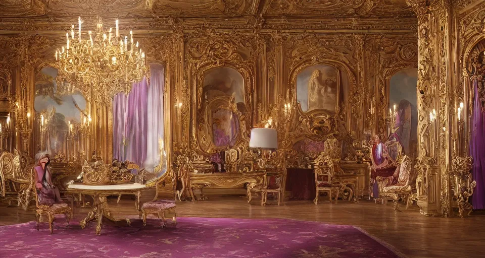 Prompt: a long hair princess through a baroque dreamy room full of renaissance furniture, a highly detailed photo from the back, perspective, cinematic lighting, intricate, 4k resolution, elegant, gold and purple