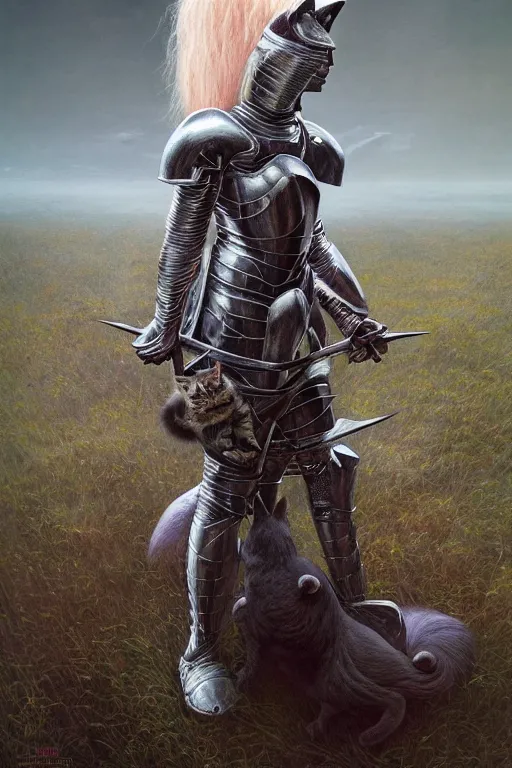 Image similar to female knight with cat on her head in the wild nature, armor design by wayne barlowe, blonde hair, symmetry, sci - fi, dark fantasy, perfect light and composition, 4 k, ultra hd, sense of awe, highly detailed, realistic, intricate