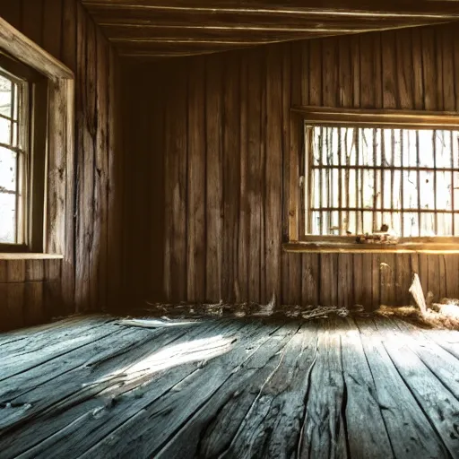 Prompt: a film production still, 2 8 mm, wide shot of a cabin interior, wooden furniture, cobwebs, spiderwebs, window light illuminates dust in the air, abandoned, depth of field, cinematic