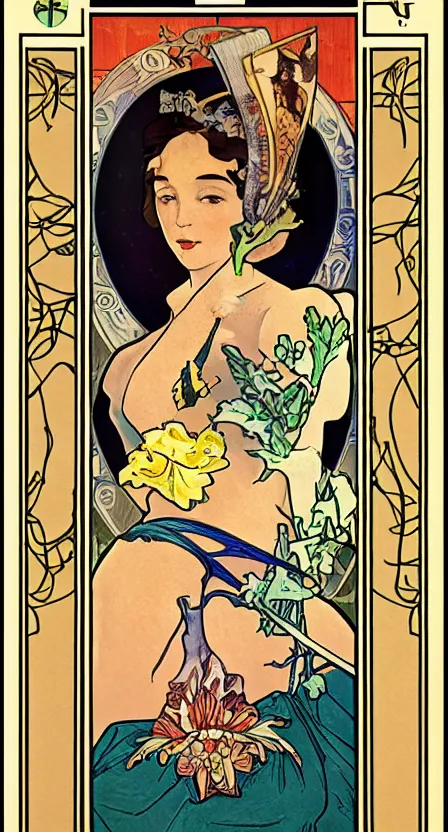 Image similar to the fool rider tarot card illustrated in an art deco style by tamara de lempika and an elegant border by alphonse mucha. | studio lighting | digital painting, stunning lighting, trending on artstation