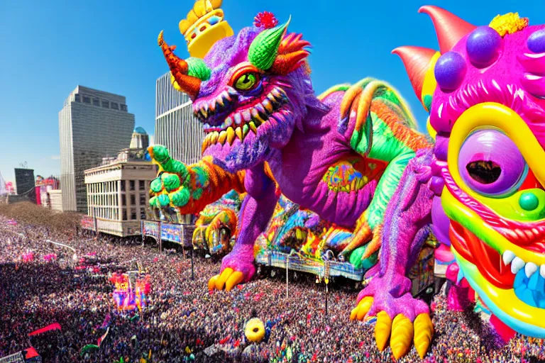 Image similar to photo of giant colorful beautiful elaborate parade float monster creature designed by lisa frank and geof darrow, in the macys parade, detailed 4 k photo, gigapixel, hyperdetailed