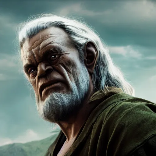 Image similar to the hulk starring as gandalf in lord of the rings, videogame still, portrait, 4 0 mm lens, shallow depth of field, close up, split lighting, cinematic