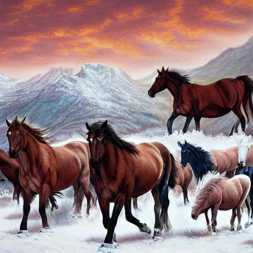 Image similar to painting of a herd of wild horses on a snowy mountain in the style of Bev Doolittle, HD, Detailed, Realism