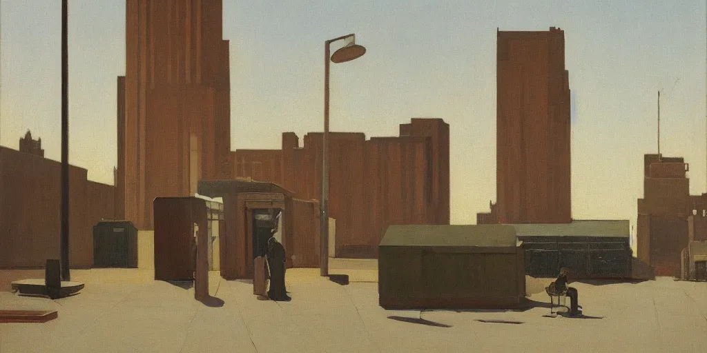 Image similar to lonely and sad urban landscape with a few people standing by edward hooper