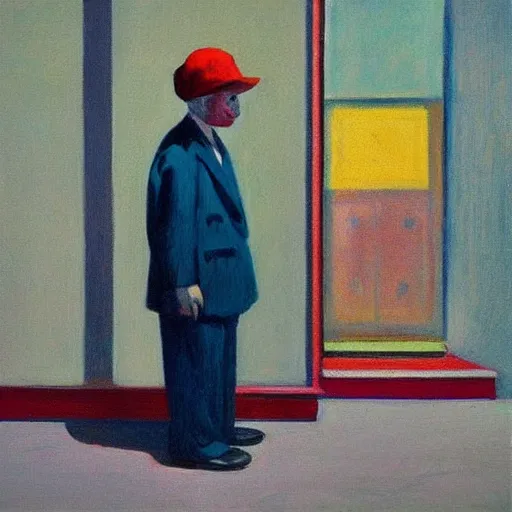 Prompt: “ sad clown in the pose of stanczyk by edward hopper ”