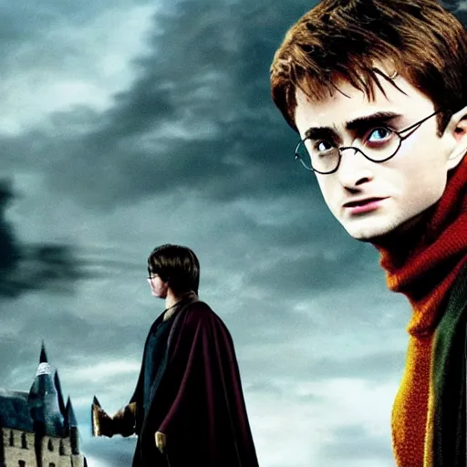 Image similar to Daniel radcliffe as harry potter, epic wide shot, cinematic shading, widescreen, motion blur, warm colors, directed by Christopher Nolan and Asher Duran