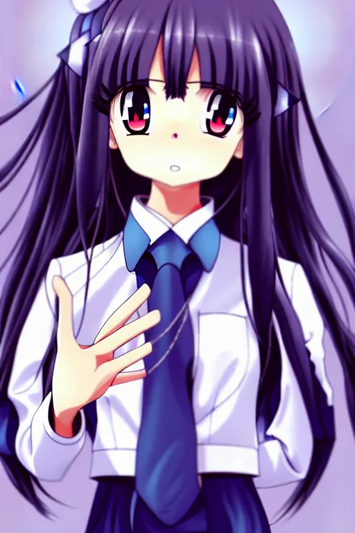 Prompt: full body anime portrait of a cute android girl round eyes long hair dressed in a school uniform inside the school, peace sign, stunning, highly detailed, anatomically correct