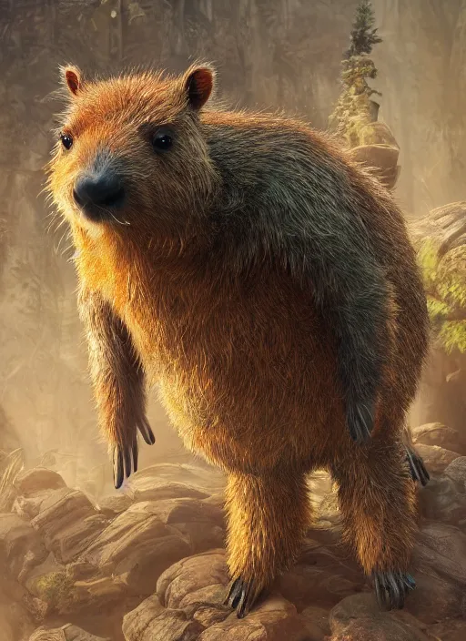 Prompt: detailed full body concept art illustration soft focus oil painting on canvas of an anthropomorphic capybara druid in full intricate clothing, biomutant, dystopian, micro detail, octane render, 4K