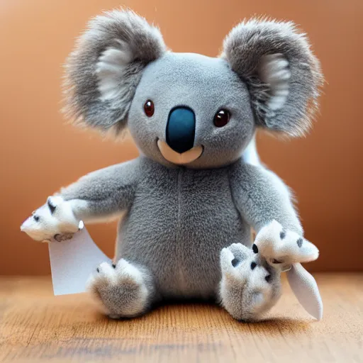 Image similar to a koala plush. beautifully made, detailed, cute, soft. high quality, studio lighting, product image