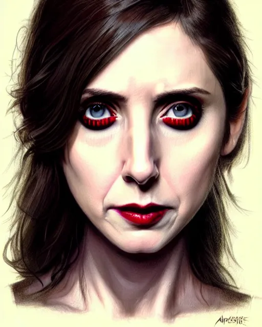 Image similar to gorgeous female Alison Brie, horror movie slasher, slasher movie, realistic character concept, violent pose, creepy smile, shorter neck, illustration, symmetrical face and body, realistic eyes, cinematic lighting, hyperdetailed, detailed realistic symmetrical eyes, face by artgerm, symmetrical nose, Tom Bagshaw, single face, insanely detailed and intricate, beautiful, elegant, dark living room background