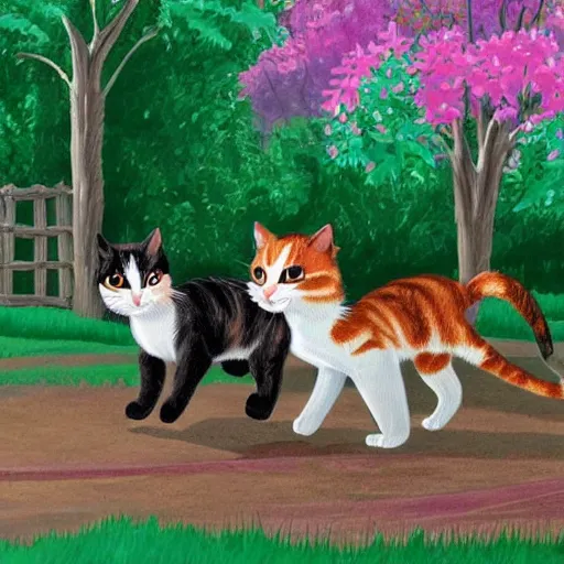 Prompt: two calico cats walking together outside on a beautiful day, cute storybook illustration