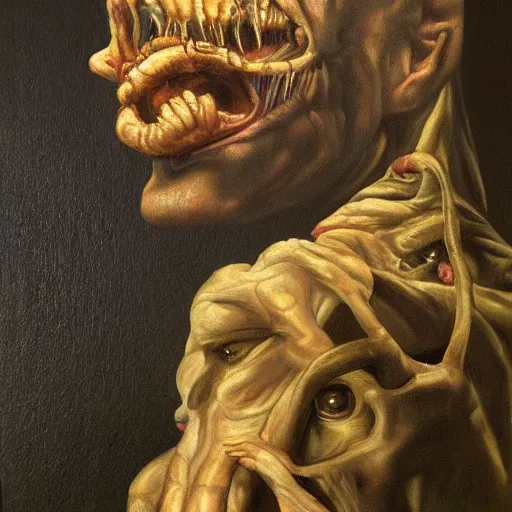 Prompt: oil painting by christian rex van minnen of a chiaroscuro shaded portrait of an extremely bizarre disturbing mutated man with intense chiaroscuro lighting perfect composition very detailed masterpiece