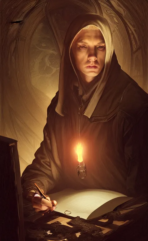 Prompt: portrait of eminem writing in the dark, deep focus, d & d, fantasy, intricate, elegant, highly detailed, digital painting, artstation, concept art, matte, sharp focus, illustration, art by artgerm and greg rutkowski and alphonse mucha