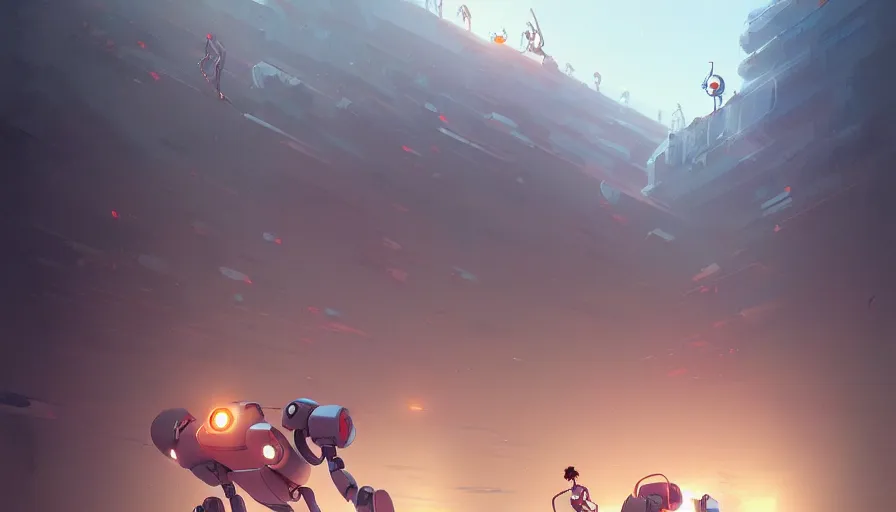 Image similar to running robots in a marathon, digital painting, illustration by artgerm and greg rutkowski and studio ghibli, artstation