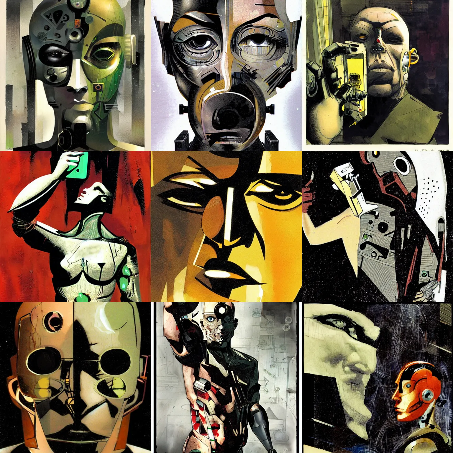 Prompt: cyborg taking a selfie, by dave mckean
