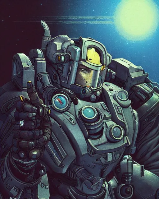 Image similar to reinhardt from overwatch, character portrait, portrait, close up, concept art, intricate details, highly detailed, vintage sci - fi poster, retro future, in the style of chris foss, rodger dean, moebius, michael whelan, and gustave dore