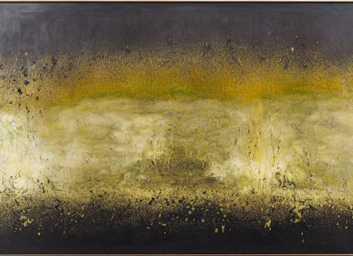 Prompt: abstract painting in black, dark green, gold, purple, painted by Pat Steir, Julian Schnabel, Helen Frankenthaler, Pat Steir and Hilma af Klint, abstract painting. 8k, pastose, dripping paint, extreme detail, intricate detail, masterpiece