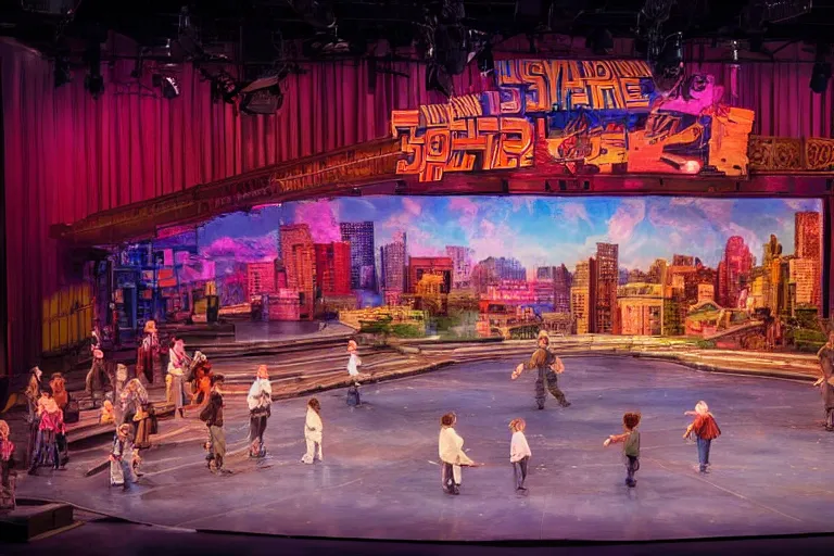 Prompt: photo of a huge theaterstage, theaterplay is back to the future, 3 actors on stage, 8 k, multicolored, exaggerated detailed, long shot