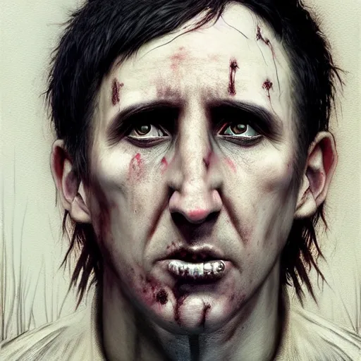 Image similar to young trent reznor as a zombie, 7 days to die zombie, realistic proportions, fine art, award winning, intricate, elegant, sharp focus, cinematic lighting, digital painting, 8 k concept art, art by brom, art by guweiz and z. w. gu, art by michael hussar, 8 k