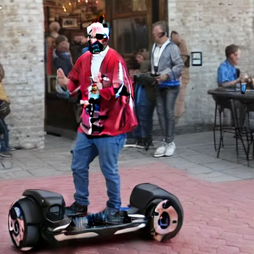 Prompt: pope jean paul riding a hoverboard to the bar, vibrant, steampunk