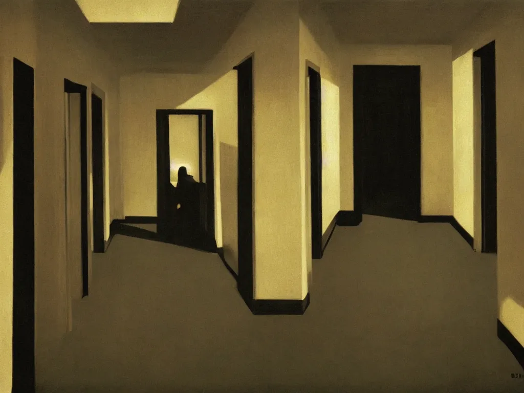 Image similar to the shinning hotel hallway, 70s, americana, dim, dark, lone scary silhouette in the distance, ultra view angle view, realistic detailed painting by edward hopper