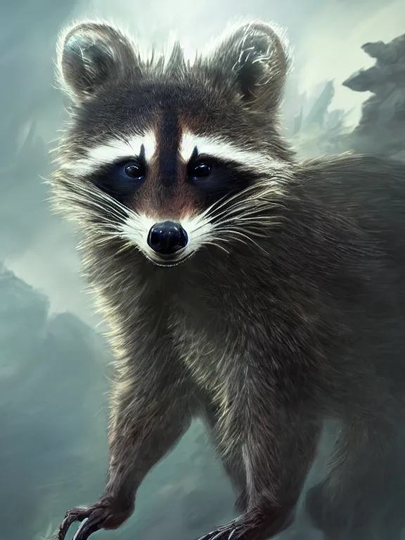 Image similar to a beautiful hyper realistic detailed matte painting of a majestuous hybrid half - raccoon half - dragon, in the style of dragon age, concept art, featured on artstation