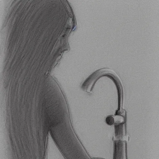 Image similar to backside photograph of a girl holding the bathroom sink with both hands in a dark room and crying, textured pencil sketch