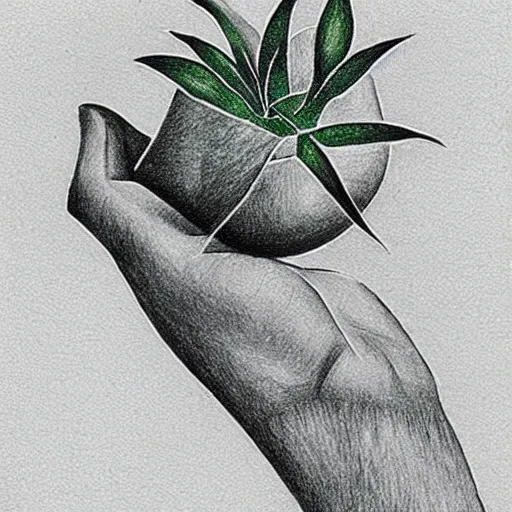 Prompt: “ pencil drawing of a hand holding a plant, favicon ”