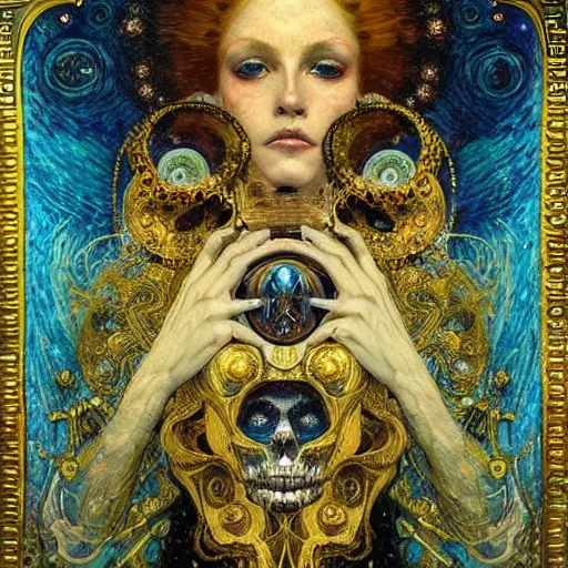 Image similar to Memento Mori by Karol Bak, Jean Deville, Gustav Klimt, and Vincent Van Gogh, beautiful visionary mystical portrait, otherworldly, fractal structures, ornate gilded medieval icon, third eye, spirals, ornate Neo-Gothic architecture