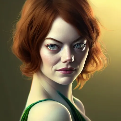 Image similar to beautiful natural Emma Stone with green eyes and different nose and mouth, intricate, elegant, highly detailed, digital painting, artstation, concept art, smooth, sharp focus, illustration, art by artgerm and greg rutkowski and alphonse mucha and loish and WLOP