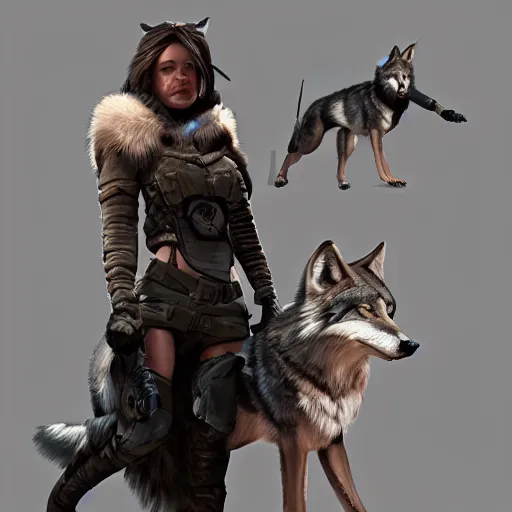 Prompt: a huntress and her pet wolf, detailed face, concept art, trending on artstation 3D.