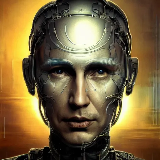 Image similar to hyperrealistic mixed media portrait of a Robot of Vladimir Putin forward angle, stunning 3d render inspired art by P. Craig Russell and Barry Windsor-Smith + perfect facial symmetry + dim volumetric lighting, 8k octane beautifully detailed render, post-processing, extremely hyperdetailed, intricate futuristic mechanic parts, epic composition, grim yet sparkling atmosphere, cinematic lighting + masterpiece, trending on artstation