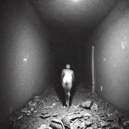 Image similar to hi - 8 night vision camera found - footage of a barely visible, bipedal minotaur with shrouded in darkness at the end of an extremely dark hallway in a basement of an abandoned house